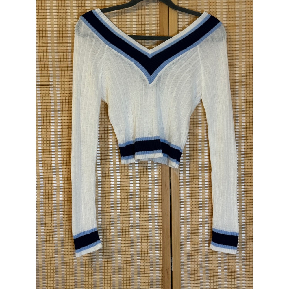 Say What? Womens Cropped V-Neck Ribbed‎ Knit Sweater White Blue Striped S Preppy